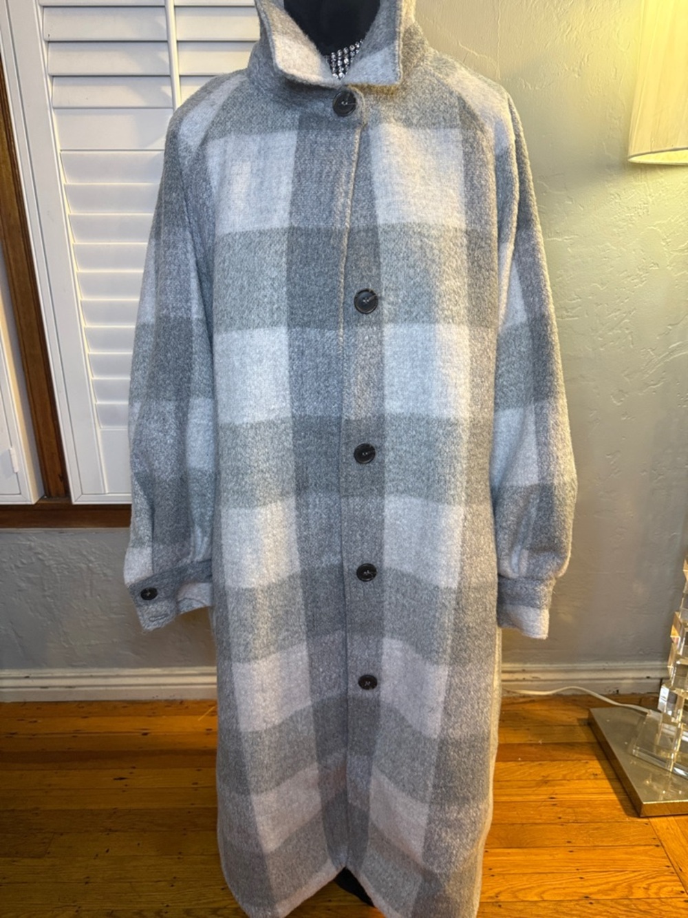 H&M Gray and White Plaid Wool-Blend Long Pea Coat